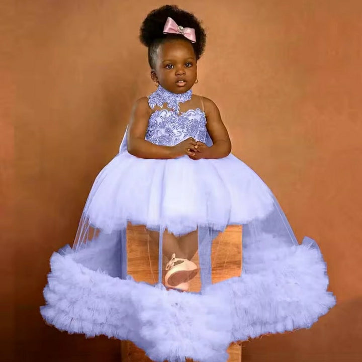 TinyTulle Elegant Lavender Floral Embroidered Tulle Ball Gown Flower Girl Dress with Ruffle Hem