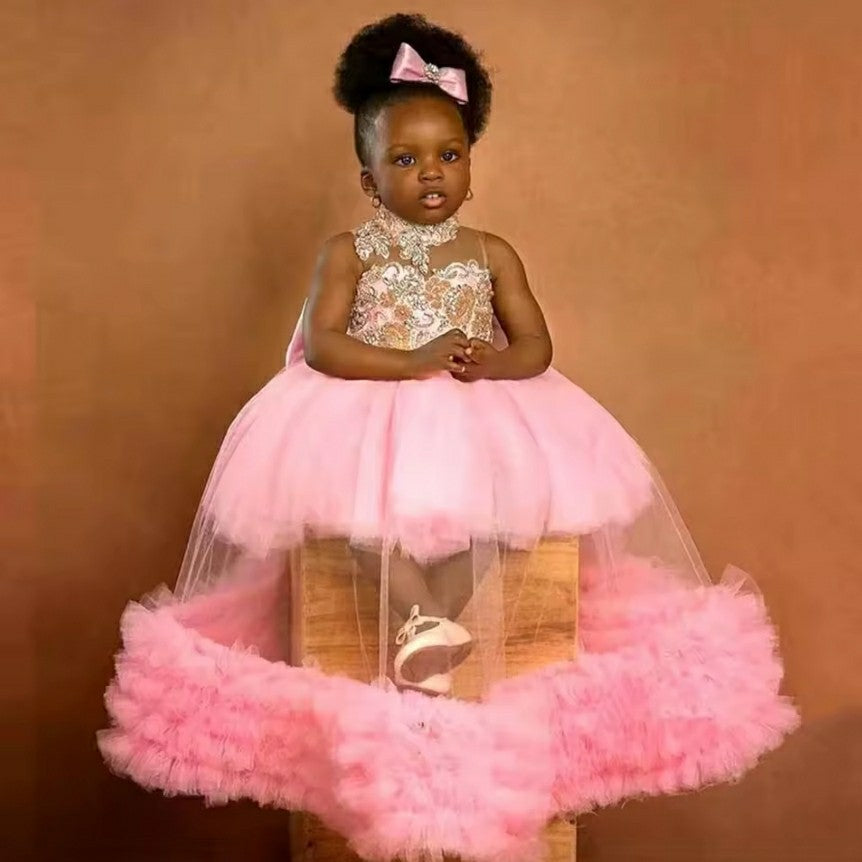 TinyTulle Elegant Lavender Floral Embroidered Tulle Ball Gown Flower Girl Dress with Ruffle Hem