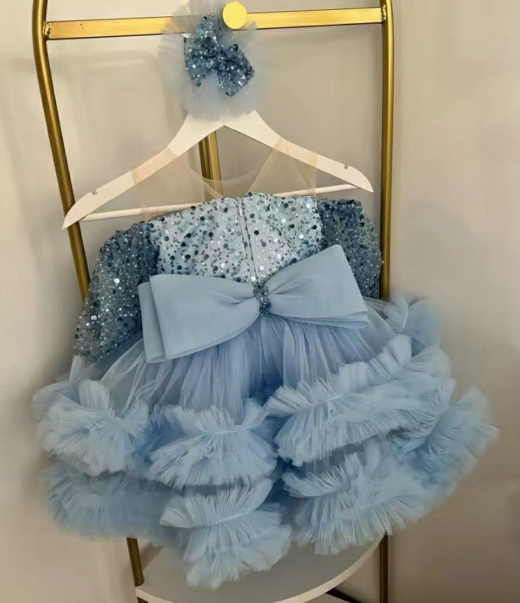 TinyTulle Off-Shoulder Blue Glitter Sequin Tulle Flower Girl Dress for Baby Toddler