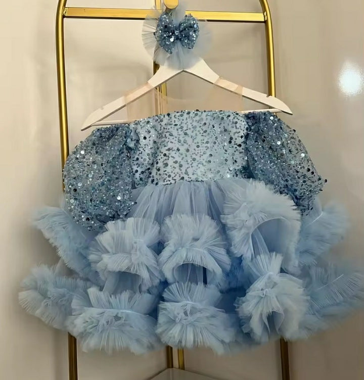 TinyTulle Off-Shoulder Blue Glitter Sequin Tulle Flower Girl Dress for Baby Toddler
