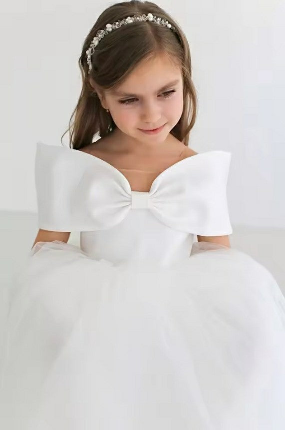 TinyTulle Elegant Ivory Off-the-Shoulder Wedding Flower Girl Dress with Bow Detail