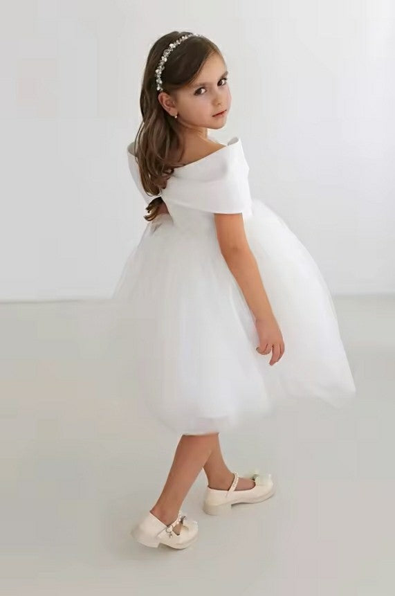 TinyTulle Elegant Ivory Off-the-Shoulder Wedding Flower Girl Dress with Bow Detail
