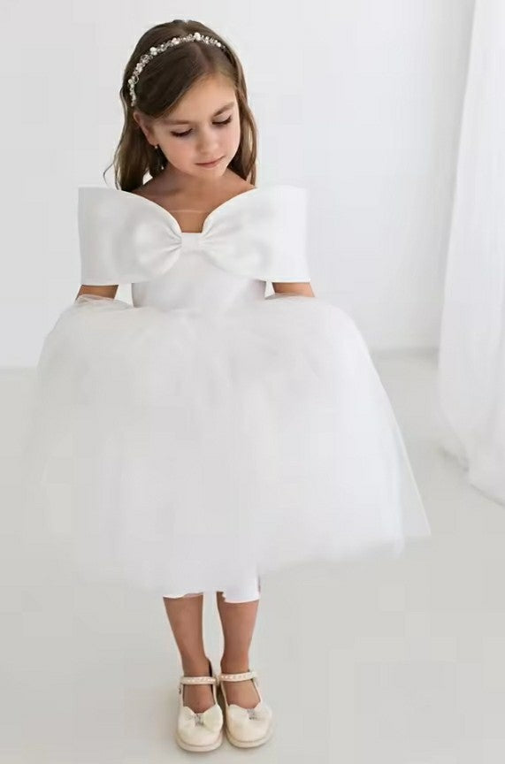 TinyTulle Elegant Ivory Off-the-Shoulder Wedding Flower Girl Dress with Bow Detail