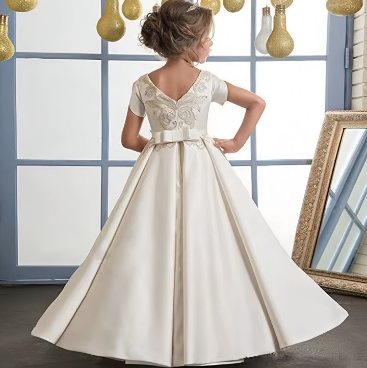 TinyTulle Ivory Satin Ball Gown Flower Girl Dress with Lace Appliqués &amp; Bow Belt