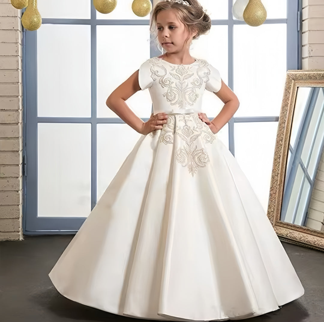 TinyTulle Ivory Satin Ball Gown Flower Girl Dress with Lace Appliqués &amp; Bow Belt