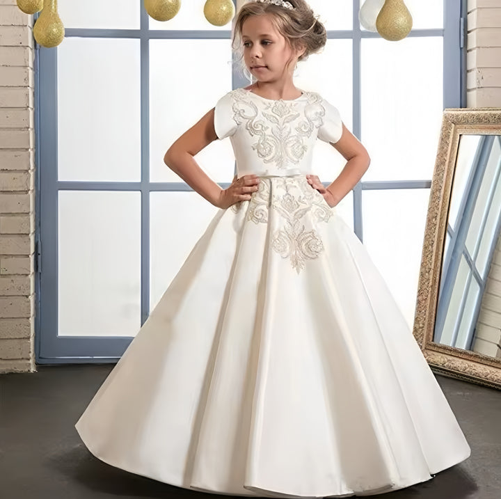 TinyTulle Ivory Satin Ball Gown Flower Girl Dress with Lace Appliqués &amp; Bow Belt