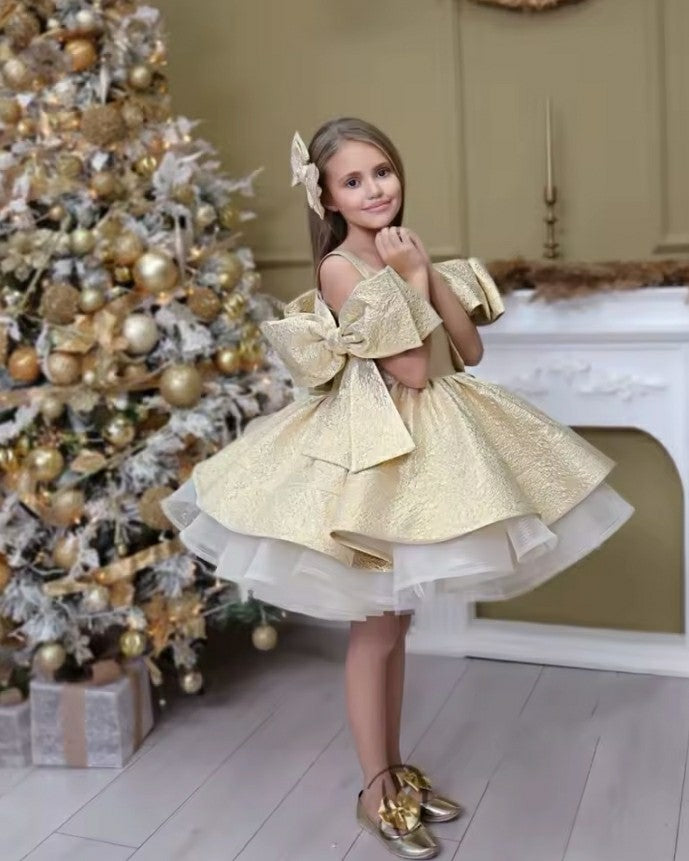 TinyTulle Off-Shoulder Gold Ball Gown Flower Girl Dress with Bow Shoulder Accents