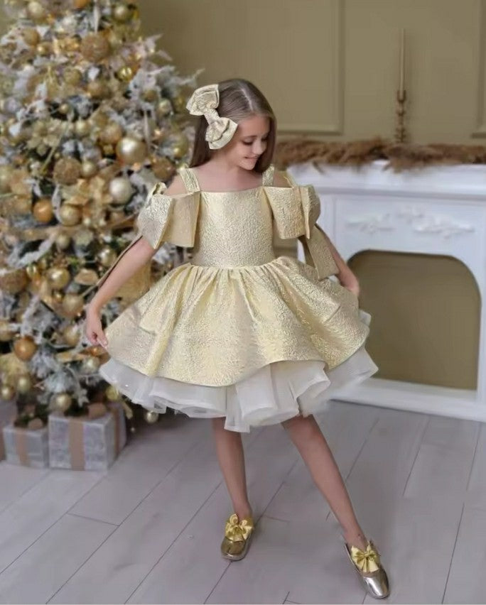 TinyTulle Off-Shoulder Gold Ball Gown Flower Girl Dress with Bow Shoulder Accents