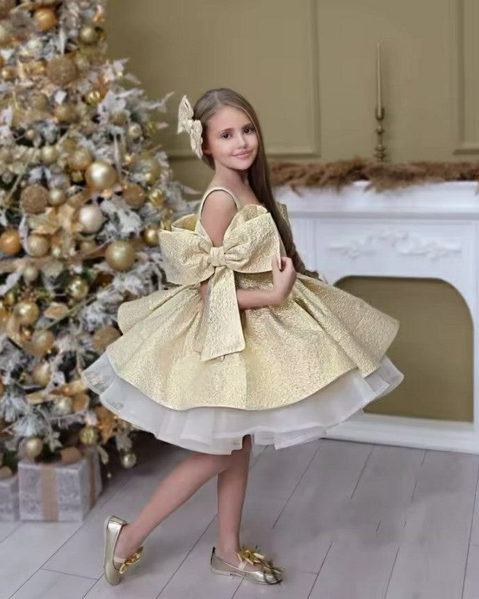 TinyTulle Off-Shoulder Gold Ball Gown Flower Girl Dress with Bow Shoulder Accents