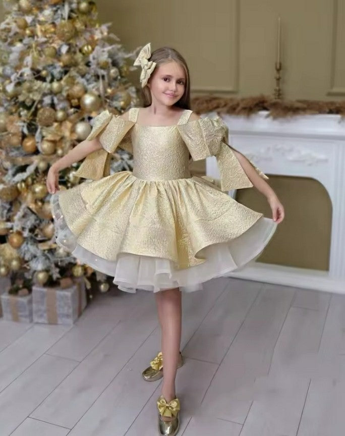 TinyTulle Off-Shoulder Gold Ball Gown Flower Girl Dress with Bow Shoulder Accents