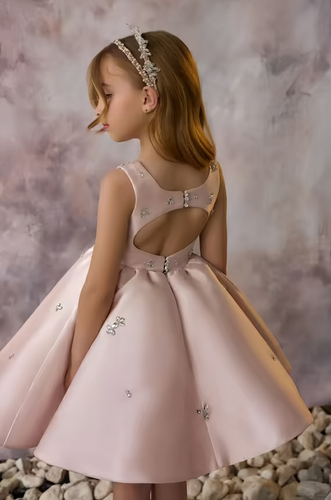 TinyTulle Elegant Pink Satin Square Neck Knee-Length Flower Girl Dress