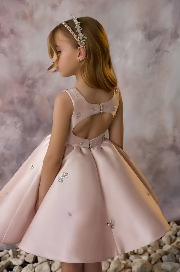 TinyTulle Elegant Pink Satin Square Neck Knee-Length Flower Girl Dress