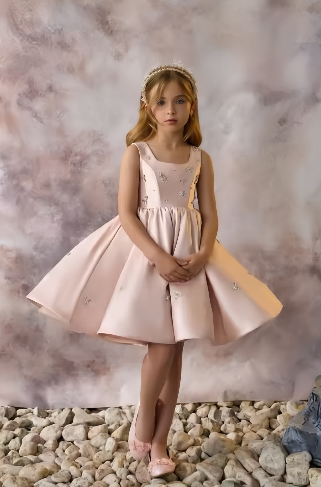 TinyTulle Elegant Pink Satin Square Neck Knee-Length Flower Girl Dress