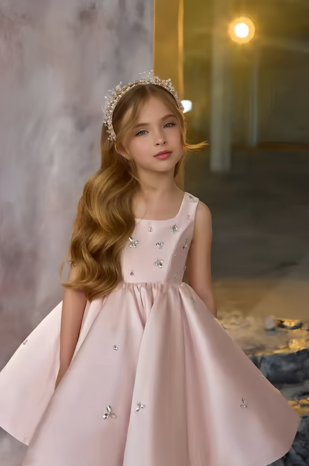 TinyTulle Elegant Pink Satin Square Neck Knee-Length Flower Girl Dress