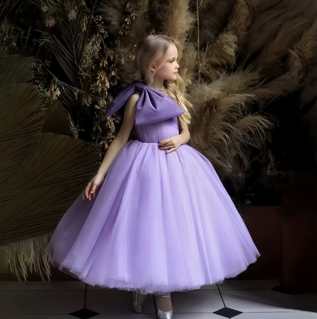 TinyTulle Lavender Tulle Princess Flower Girl Dress with Elegant Bow Shoulder Detail