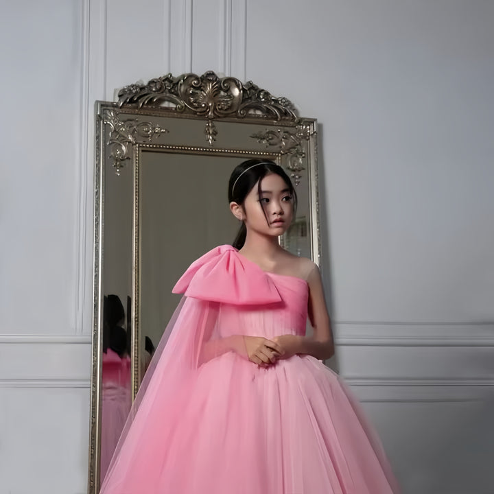TinyTulle Lavender Tulle Princess Flower Girl Dress with Elegant Bow Shoulder Detail