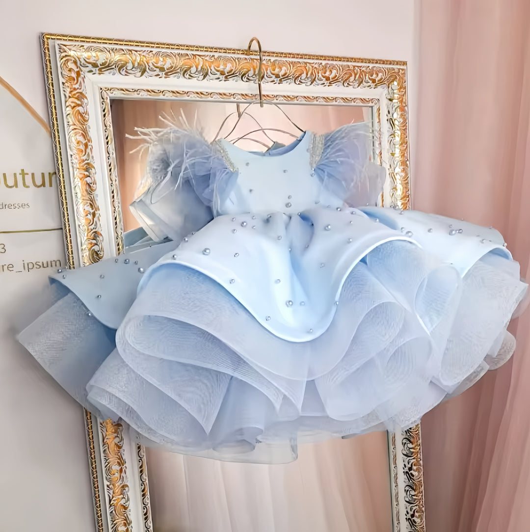 TinyTulle Pink Sleeveless Satin Toddler Princess Dress with Beaded &amp; Feather Details
