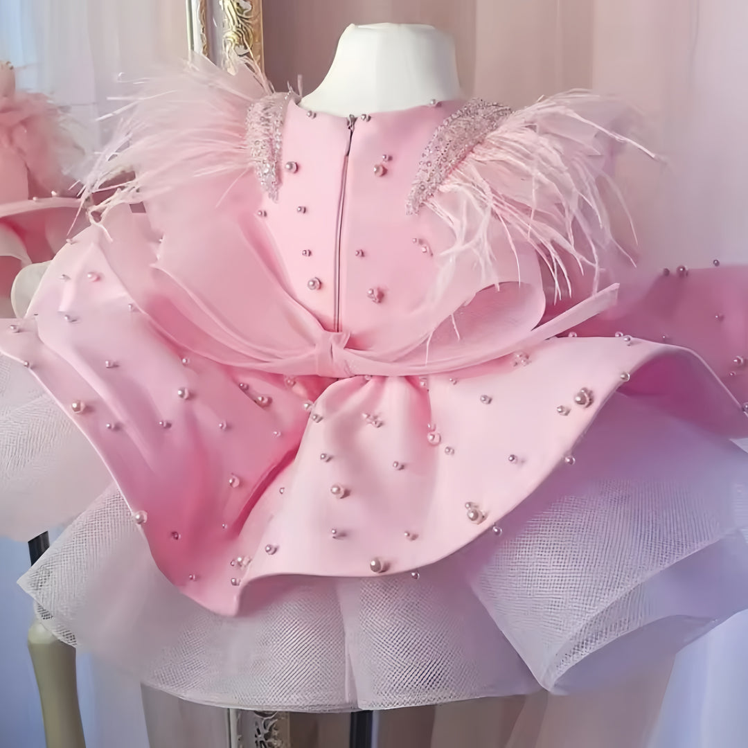 TinyTulle Pink Sleeveless Satin Toddler Princess Dress with Beaded &amp; Feather Details
