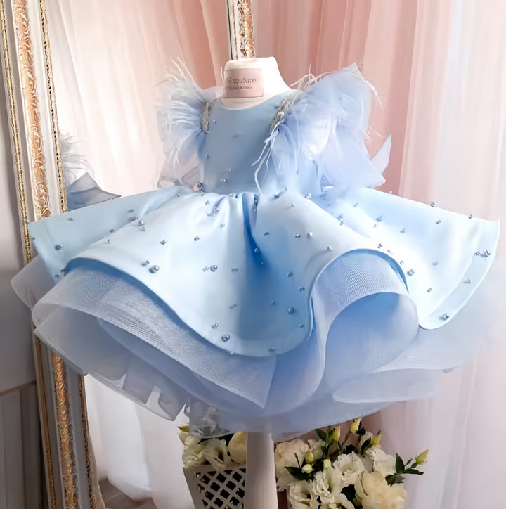 TinyTulle Pink Sleeveless Satin Toddler Princess Dress with Beaded &amp; Feather Details