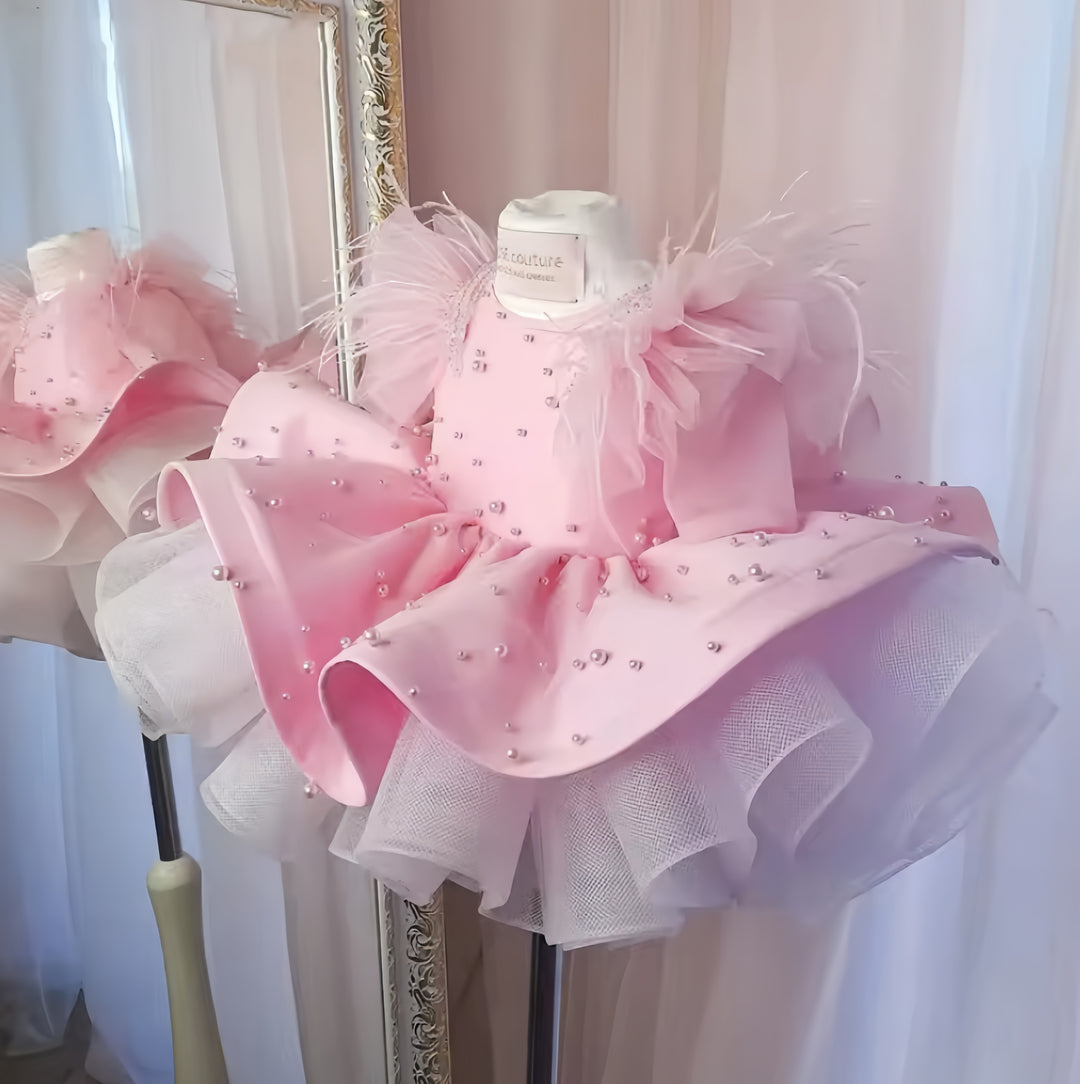 TinyTulle Pink Sleeveless Satin Toddler Princess Dress with Beaded &amp; Feather Details