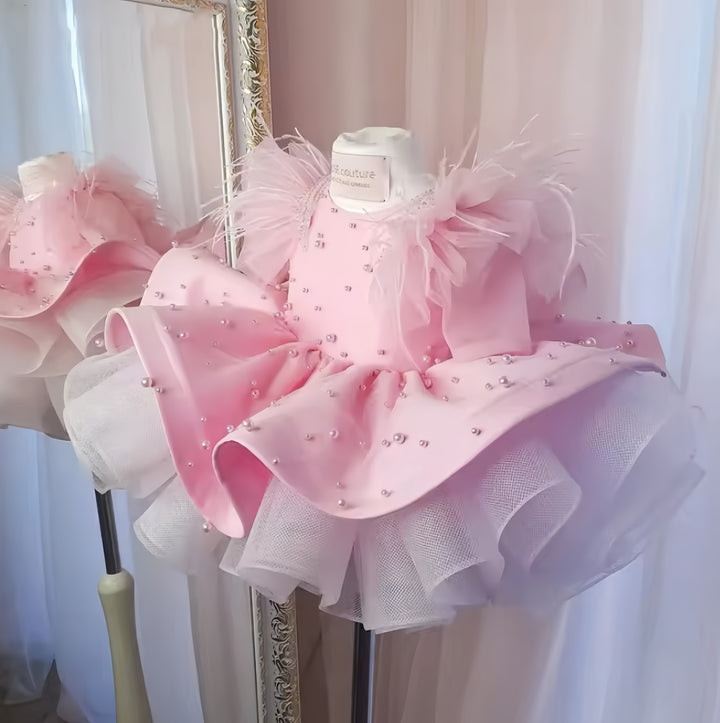 TinyTulle Pink Sleeveless Satin Toddler Princess Dress with Beaded &amp; Feather Details