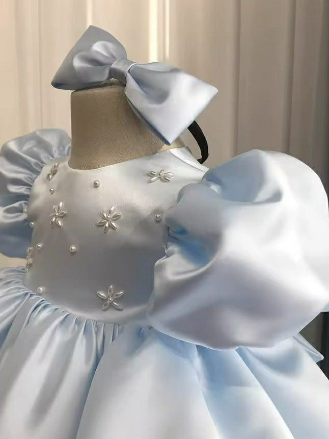 TinyTulle Baby Blue Puff Sleeve A-Line Flower Girl Dress with Beaded &amp; Back Bow