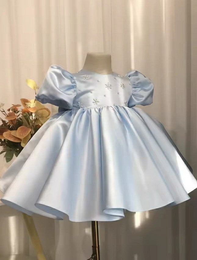 TinyTulle Baby Blue Puff Sleeve A-Line Flower Girl Dress with Beaded &amp; Back Bow
