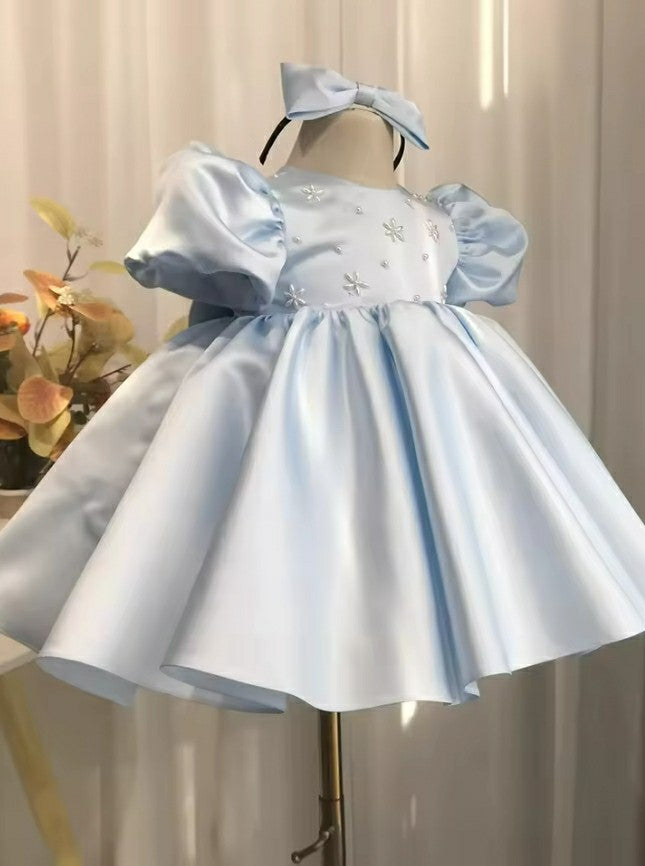TinyTulle Baby Blue Puff Sleeve A-Line Flower Girl Dress with Beaded &amp; Back Bow