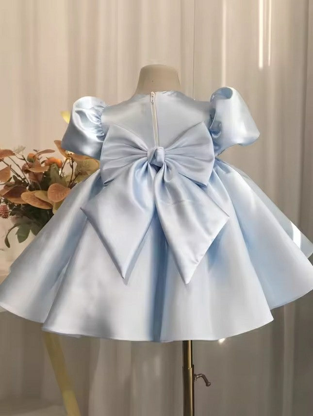 TinyTulle Baby Blue Puff Sleeve A-Line Flower Girl Dress with Beaded &amp; Back Bow