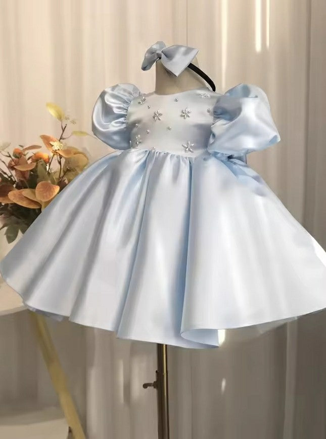 TinyTulle Baby Blue Puff Sleeve A-Line Flower Girl Dress with Beaded &amp; Back Bow