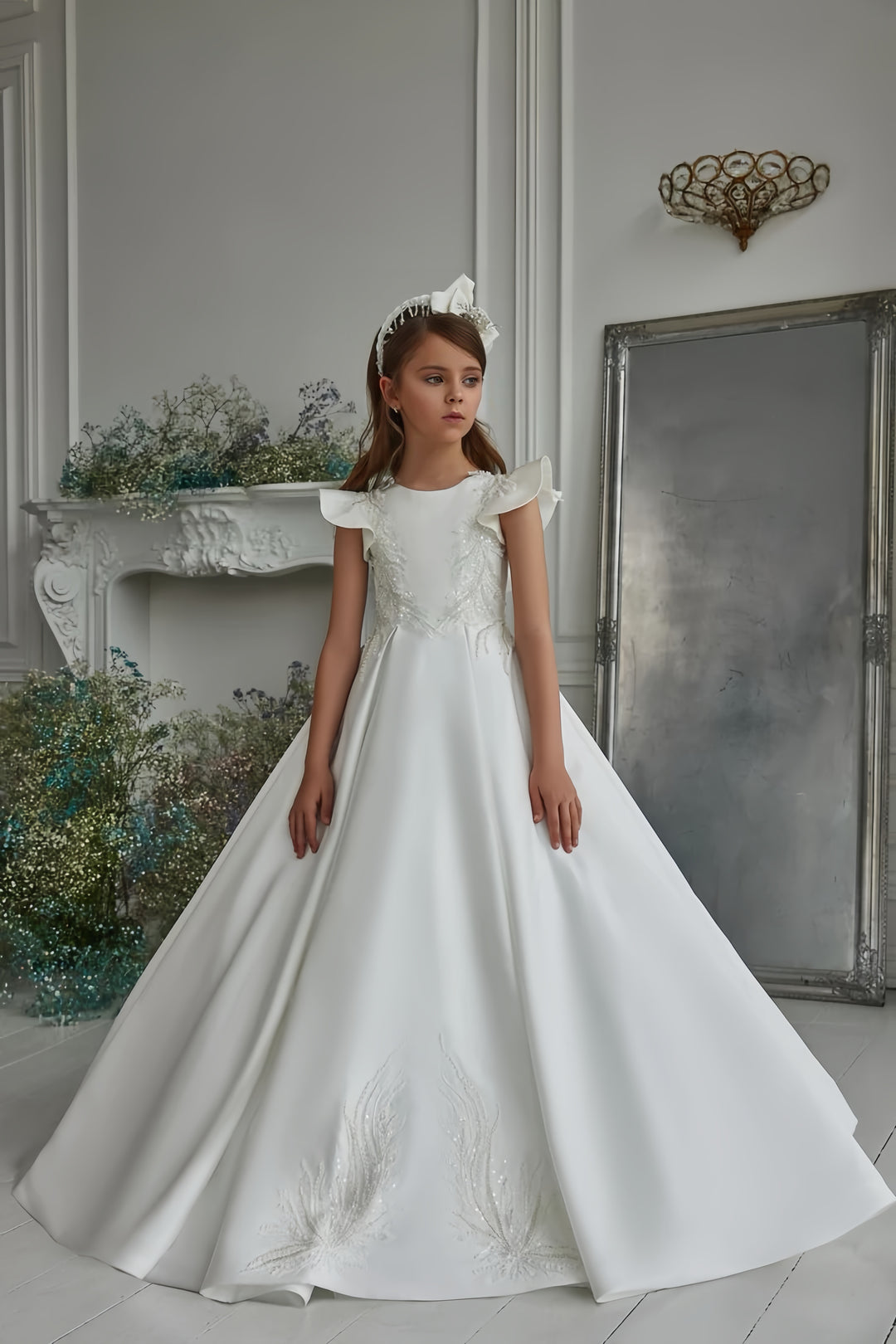 TinyTulle White Satin Princess Flower Girl Dress with Flutter Sleeves &amp; Floral Appliqués