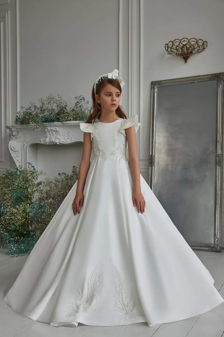 TinyTulle White Satin Princess Flower Girl Dress with Flutter Sleeves &amp; Floral Appliqués