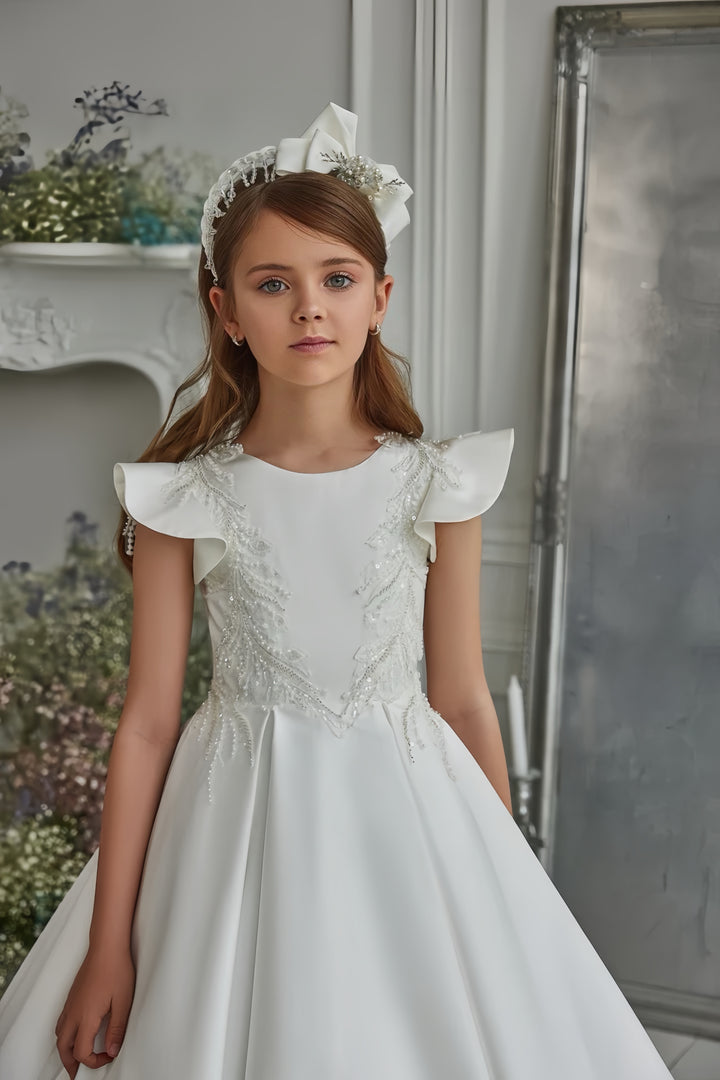 TinyTulle White Satin Princess Flower Girl Dress with Flutter Sleeves &amp; Floral Appliqués