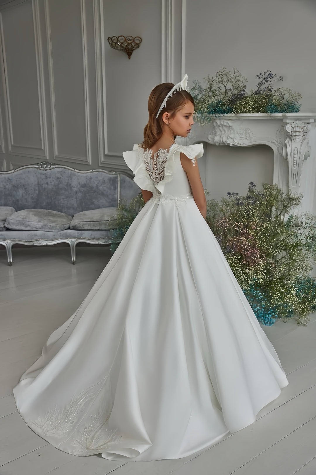 TinyTulle White Satin Princess Flower Girl Dress with Flutter Sleeves &amp; Floral Appliqués