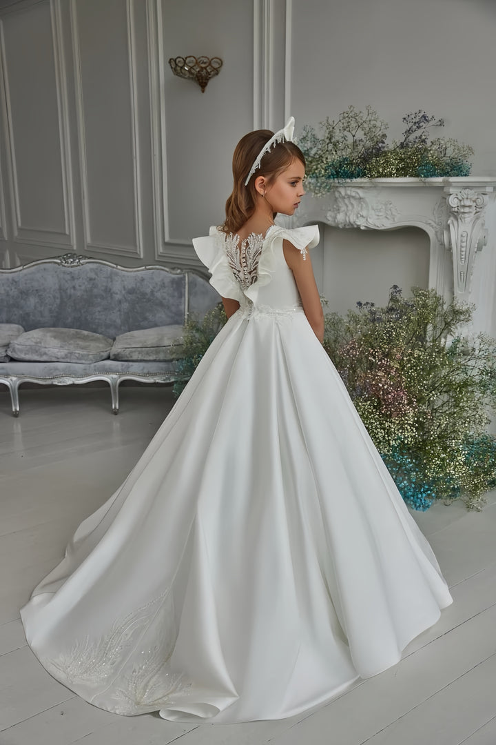 TinyTulle White Satin Princess Flower Girl Dress with Flutter Sleeves &amp; Floral Appliqués