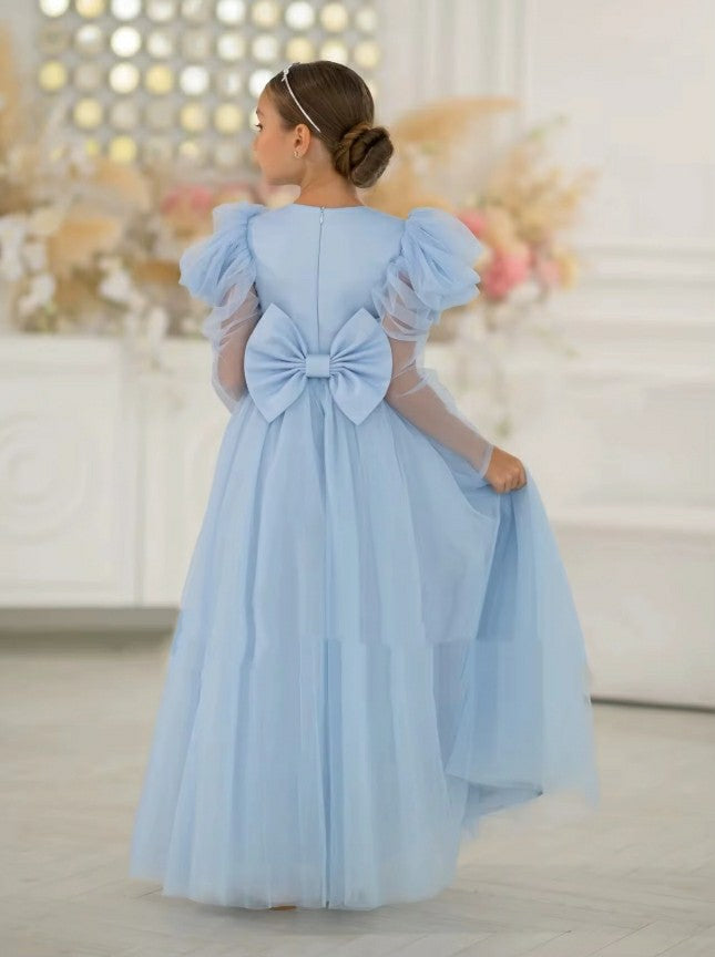 TinyTulle Elegant Long Puff Sleeve Tulle A-Line Flower Girl Dress