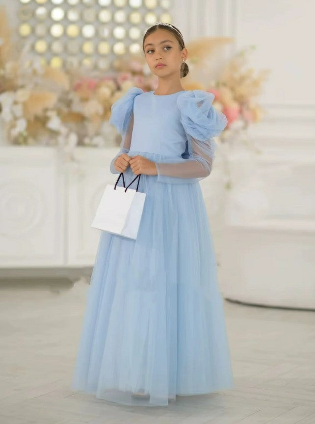 TinyTulle Elegant Long Puff Sleeve Tulle A-Line Flower Girl Dress