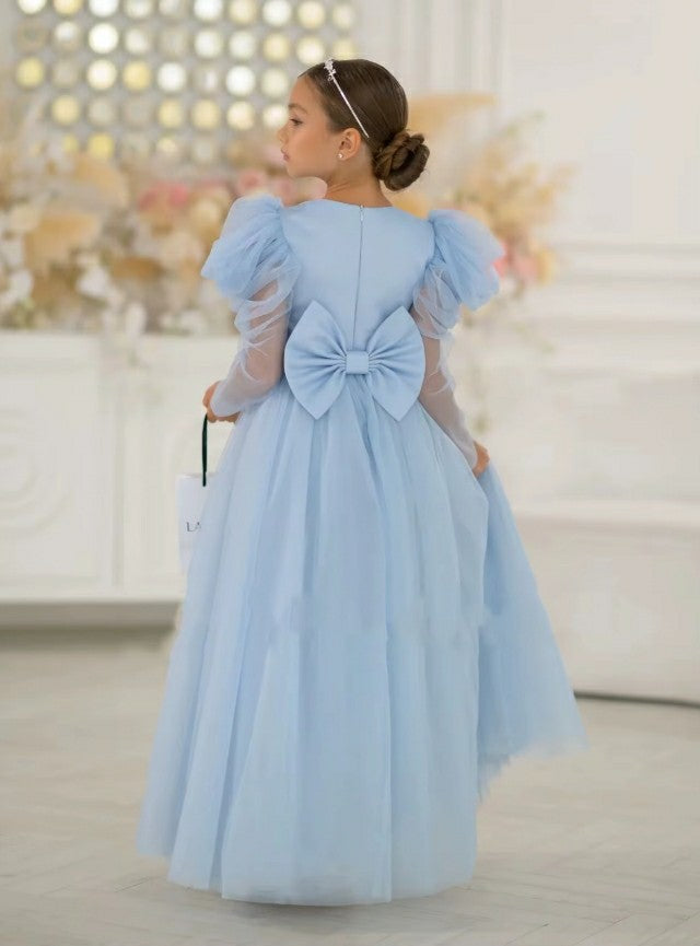 TinyTulle Elegant Long Puff Sleeve Tulle A-Line Flower Girl Dress