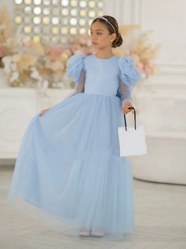 TinyTulle Elegant Long Puff Sleeve Tulle A-Line Flower Girl Dress