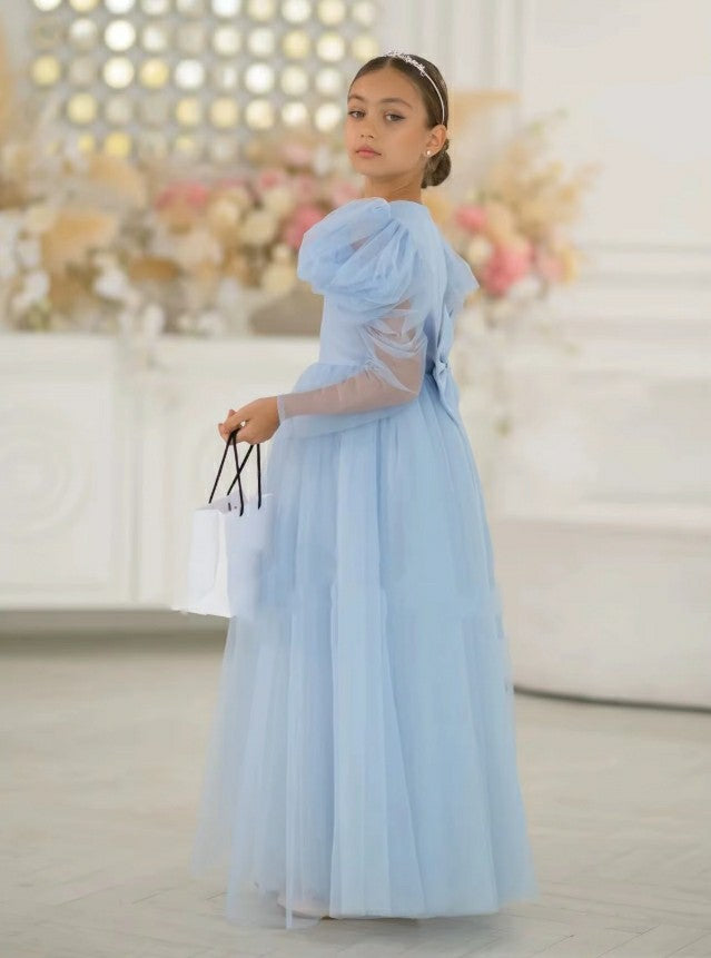 TinyTulle Elegant Long Puff Sleeve Tulle A-Line Flower Girl Dress