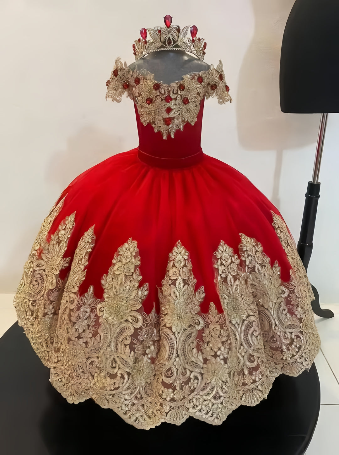 TinyTulle Off-Shoulder Gold Lace Applique Tulle Ball Gown Flower Girl Dress