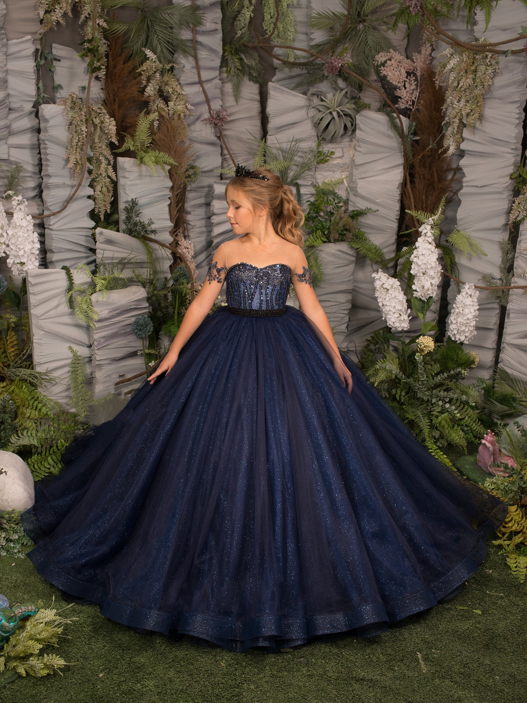 TinyTulle Navy Blue Glitter Tulle Flower Girl Dress Pageant Party Gown