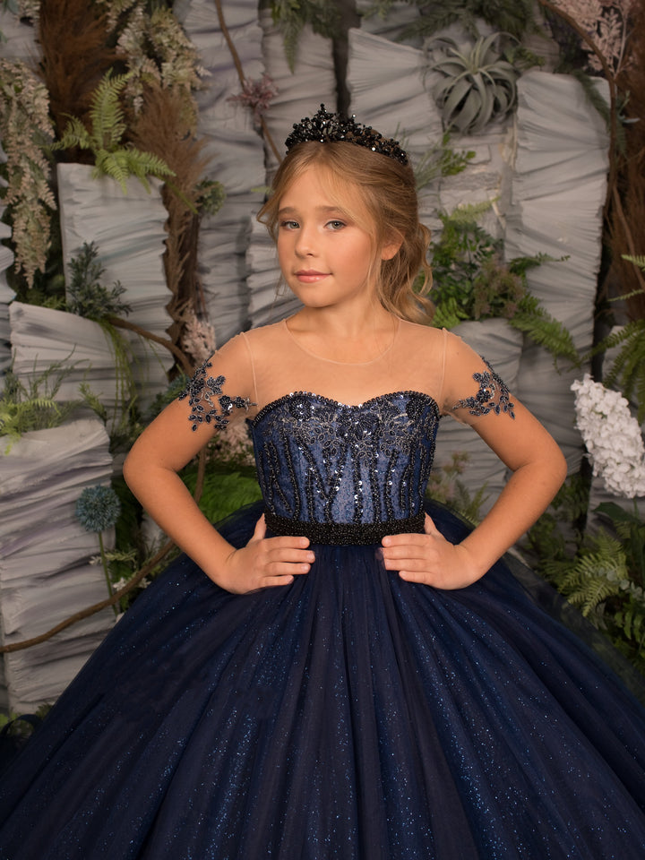 TinyTulle Navy Blue Glitter Tulle Flower Girl Dress Pageant Party Gown