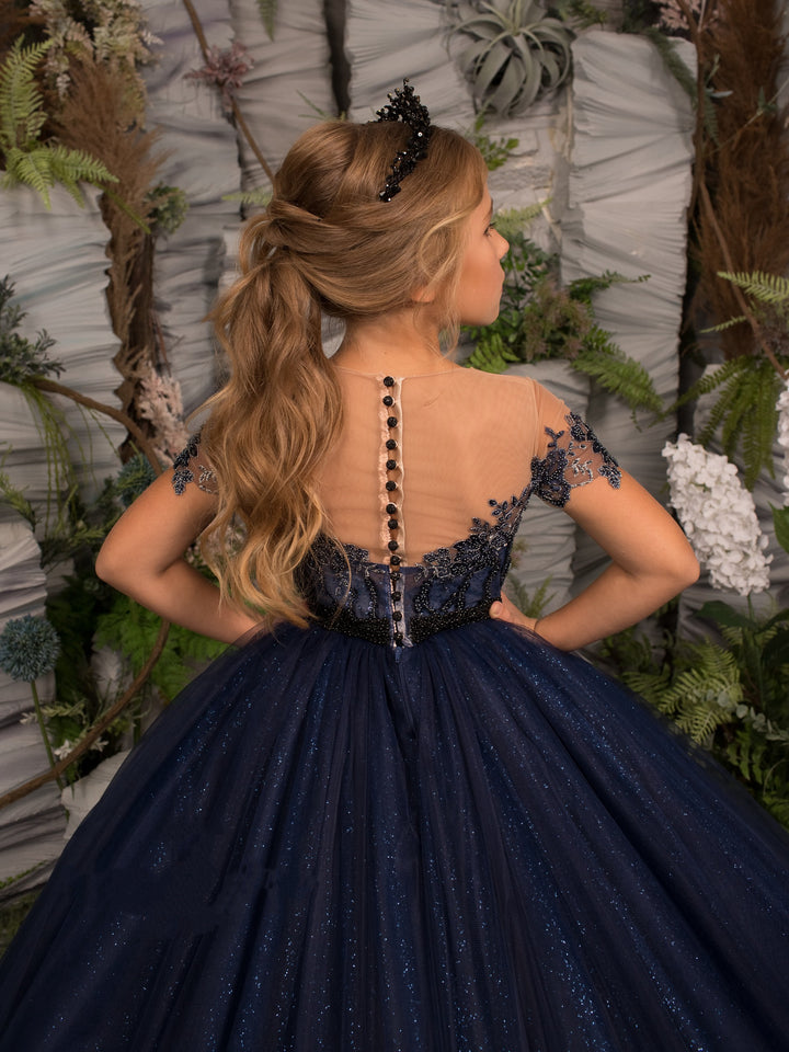 TinyTulle Navy Blue Glitter Tulle Flower Girl Dress Pageant Party Gown