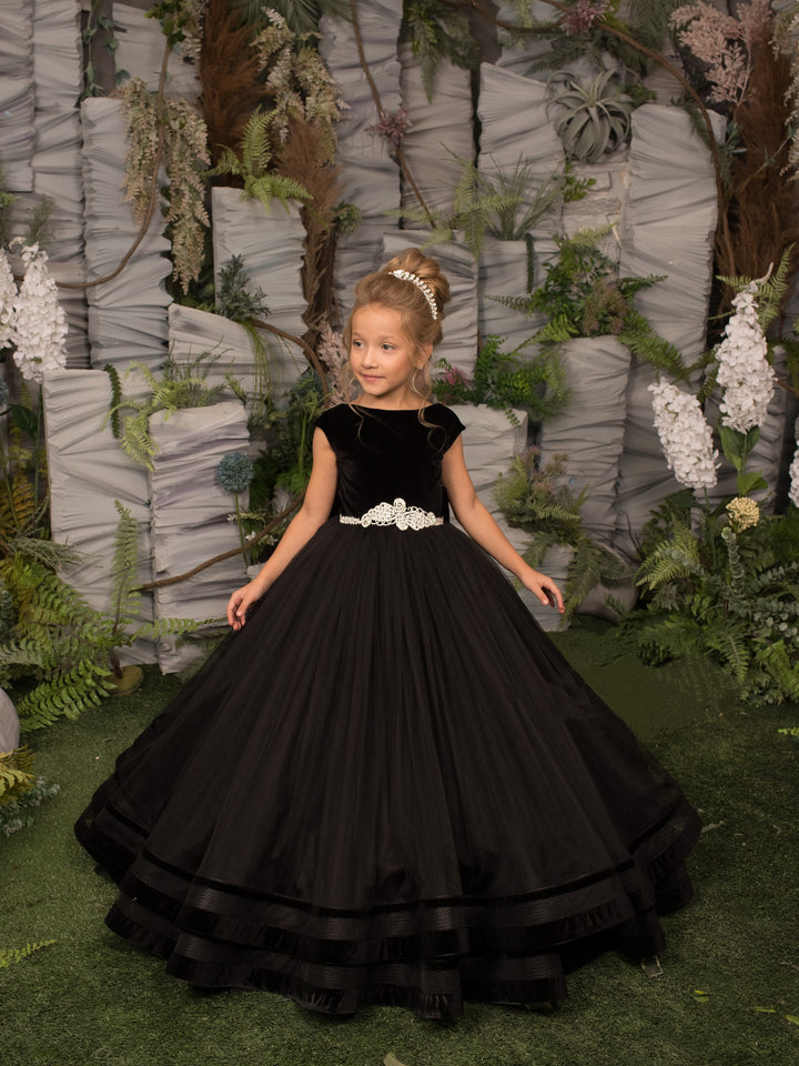 TinyTulle Cap Sleeve Velvet Layered Tulle Flower Girl Dress with Beaded Belt