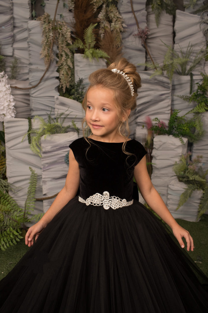 TinyTulle Cap Sleeve Velvet Layered Tulle Flower Girl Dress with Beaded Belt