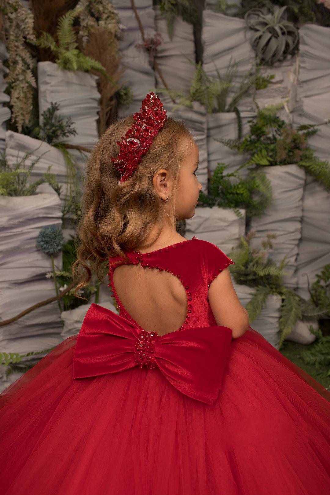 TinyTulle Elegant Red Velvet Tulle Flower Girl Ball Gown Dress with Bo