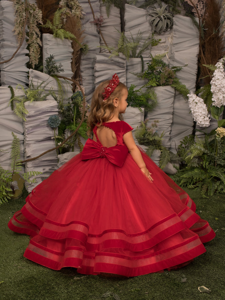 TinyTulle Elegant Red Velvet Tulle Flower Girl Ball Gown Dress with Bow