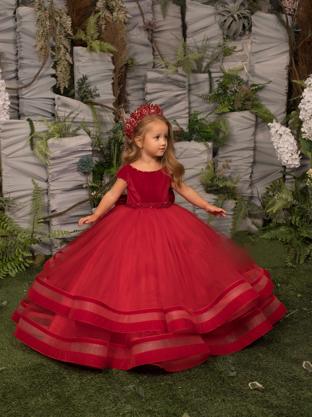 TinyTulle Elegant Red Velvet Tulle Flower Girl Ball Gown Dress with Bow