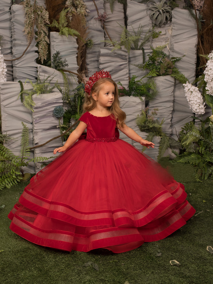 TinyTulle Elegant Red Velvet Tulle Flower Girl Ball Gown Dress with Bow